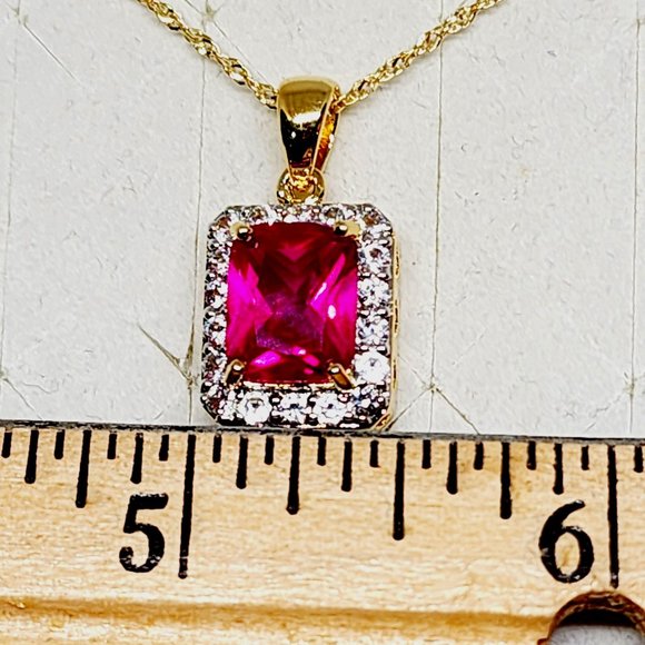 Lab Created Ruby and White Zircon Pendant Necklace 18 Inches in 14K YG Over SS - Picture 2 of 6